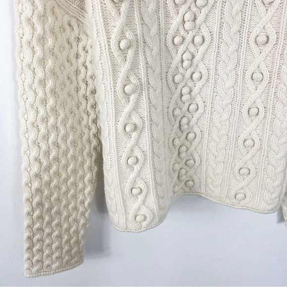 Theory Wool Cashmere Mixed Cable Knit Pom Pom Sweater Size Small NWT Ivory